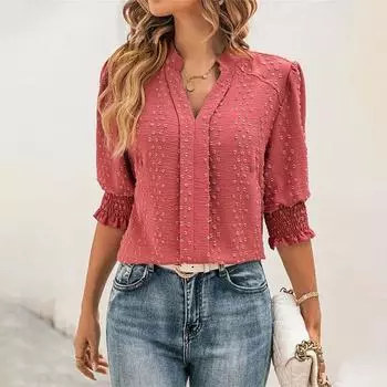 Женская летняя жаккардовая однотонная рубашка со стоячим воротником со средним рукавом S розовый
