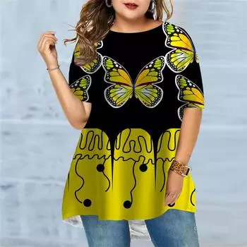 Женская летняя желтая бабочка с принтом больших размеров, удобная футболка с короткими рукавами и круглым вырезом, повседневная мешковатая футболка средней длины XS синий
