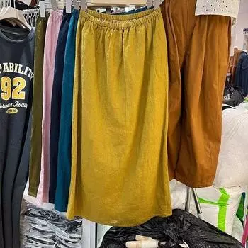 Женская летняя желтая льняная юбка миди А-силуэта - Эластичная талия, свободный крой, стройнящая юбка с элегантным настроением M жёлтый