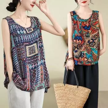 Женская летняя жилетка Ice Silk Loose Bottoming Beach Shirt Mother без рукавов с принтом и круглым вырезом XXXL