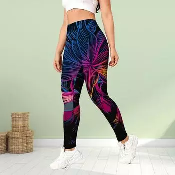 Женская линия Цветочные принты Эластичные леггинсы для йоги Фитнес Бег Спортивные Активные штаны XS чёрный
