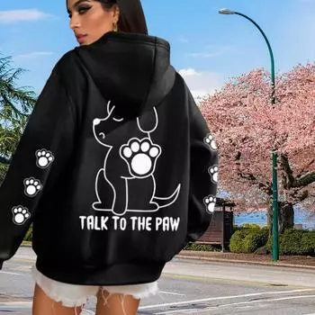 Женская линия Собачий Принт Свободные Толстовки Топы Блузка Свитшот Повседневный Длинный Рукав Пуловер Топы XS чёрный