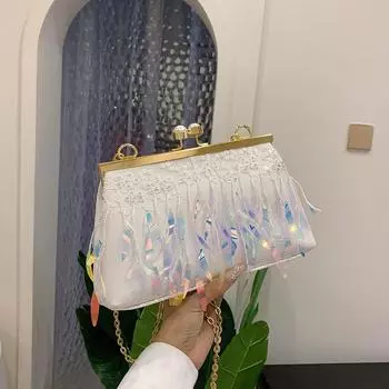 Женская литературная цепочка с застежкой-клипсой, модная перьевая кисточка на плечо, маленькая квадратная сумка белый