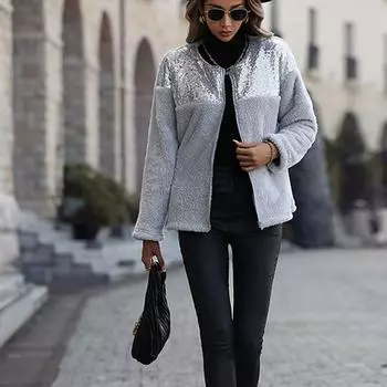 Женская лохматая толстовка с яркими цветными блоками, модная куртка с блестками, осенне-зимняя верхняя одежда на молнии S светло-серый