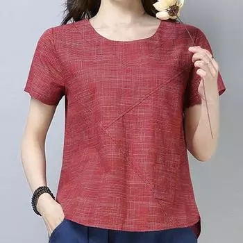Женская лоскутная хлопковая льняная футболка с короткими рукавами и однотонным верхом L красный