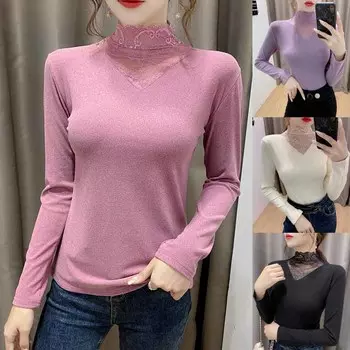 Женская лоскутная кружевная нижняя рубашка, водолазка, эластичный бархатный теплый топ, женский бархатный толстый пуловер One size чёрный