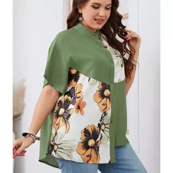 Женская лоскутная рубашка с цветочным принтом, нестандартная рубашка, воротник с коротким рукавом, свободная повседневная летняя футболка на пуговицах, легкая модная рубашка для поездок на работу плюс XL зелёный