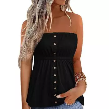 Женская майка-бандо без бретелек, повседневная летняя свободная рубашка без рукавов с пуговицами для праздника, туника, майки, топы L чёрный