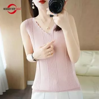 Женская майка без рукавов MODERN NEW SAGA летняя футболка вязаный топ базовый жилет женский v-образный вырез S белый