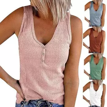 Женская майка без рукавов, рубашка на пуговицах с V-образным вырезом, облегающий вязаный топ с открытыми плечами S