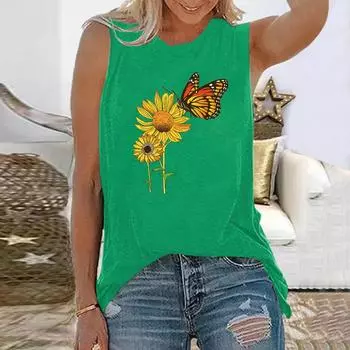 Женская майка без рукавов с 3D-принтом бабочек и подсолнухов, жилет без рукавов с круглым вырезом, летняя повседневная футболка, уличная одежда S