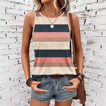 Женская майка без рукавов с 3D-принтом в полоску, повседневный элегантный жилет с круглым вырезом и открытыми плечами, Y2K майка без рукавов, женская одежда S