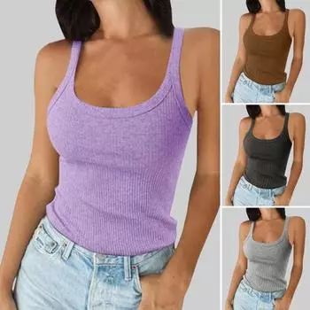 Женская майка без рукавов с бретельками-спагетти и круглым вырезом, трикотажная майка в рубчик, облегающая базовая рубашка-майка для повседневной носки, пляжа и офиса S серый