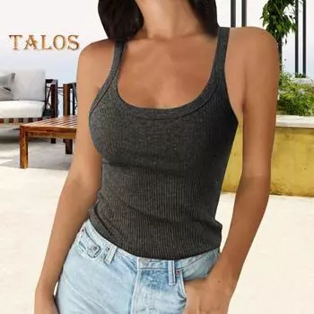 Женская майка без рукавов с бретельками-спагетти и круглым вырезом, трикотажная майка в рубчик, облегающая базовая рубашка-майка для повседневной носки, пляжа и офиса M чёрный