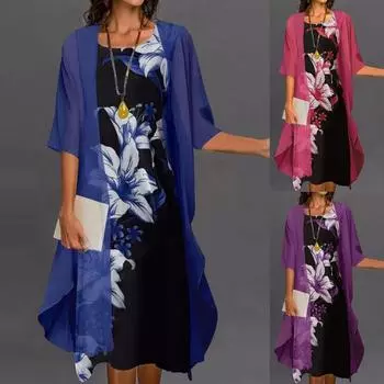 Женская майка без рукавов с принтом, шифоновый кардиган, комплект праздничного платья для женщин XXXL фиолетовый