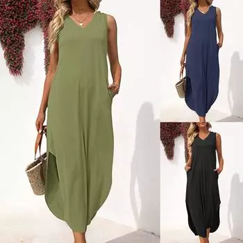 Женская майка без рукавов с v-образным вырезом, однотонное карманное платье в пляжном стиле S чёрный