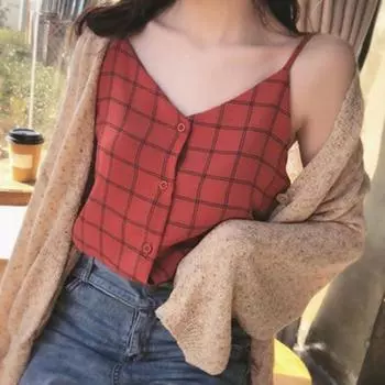 Женская майка-бюстье с регулируемыми бретельками-спагетти, клетчатая майка, модная, с V-образным вырезом и пуговицами XL чёрный