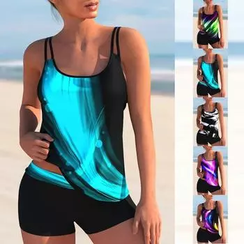 Женская майка, четырехугольные брюки, купальник из 2 предметов, синий и черный, майка с контрастным принтом, сексуальный праздничный пляжный наряд, S-6XL S