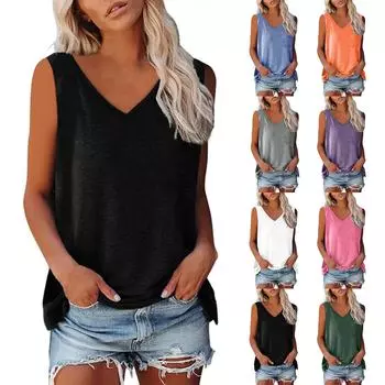 Женская майка для девочек, однотонный повседневный топ, топы на бретелях с v-образным вырезом для женщин, свободные топы без рукавов, струящиеся L чёрный