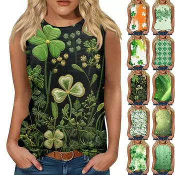 Женская майка для девочек, повседневная майка с цветочным принтом, майки для женщин, свободный крой, топы без рукавов, струящиеся, St. Патрика L армия зеленый
