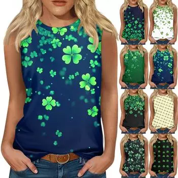 Женская майка для девочек, повседневная майка с цветочным принтом, майки для женщин, свободный крой, топы без рукавов, струящиеся, St. Патрика XL зелёный