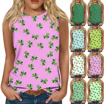 Женская майка для девочек, повседневная майка с цветочным принтом, майки для женщин, свободный крой, топы без рукавов, струящиеся, St. Патрика XL белый