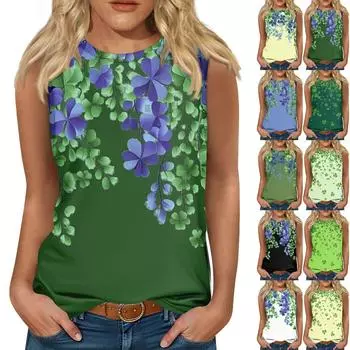 Женская майка для девочек, повседневная майка с цветочным принтом, майки для женщин, свободный крой, топы без рукавов, струящиеся, St. Патрика L армия зеленый