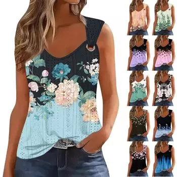 Женская майка для девочек, повседневная майка, топы для женщин, симпатичный вязаный топ-майка с градиентным цветочным принтом, свободный крой, топы без рукавов с струящейся люверсами M синий