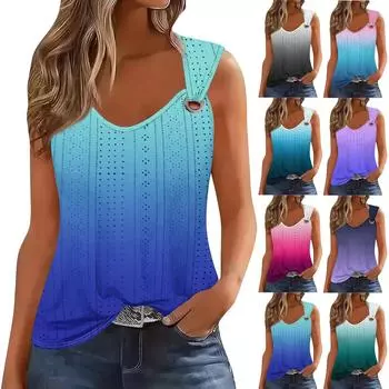 Женская майка для девочек, повседневная майка, топы для женщин, симпатичный вязаный топ-майка с градиентным цветочным принтом, свободный крой, топы без рукавов с струящейся люверсами XL