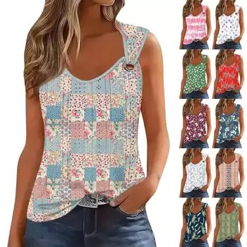 Женская майка для девочек, повседневная майка, топы для женщин, симпатичный вязаный топ-майка с градиентным цветочным принтом, свободный крой, топы без рукавов с струящейся люверсами L