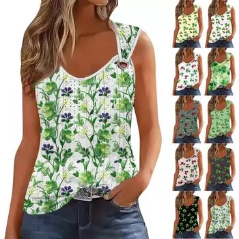 Женская майка для девочек, повседневная майка, топы для женщин, симпатичный вязаный топ-майка с градиентным цветочным принтом, свободный крой, топы без рукавов с струящейся люверсами S