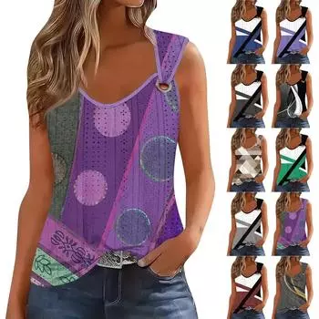 Женская майка для девочек, повседневная майка, топы для женщин, симпатичный вязаный топ-майка с градиентным цветочным принтом, свободный крой, топы без рукавов с струящейся люверсами M чёрный