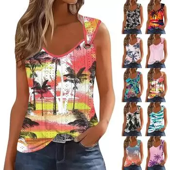 Женская майка для девочек, повседневная майка, топы для женщин, симпатичный вязаный топ-майка с градиентным цветочным принтом, свободный крой, топы без рукавов с струящейся люверсами L