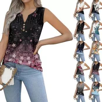 Женская майка для девочек с цветочным принтом, повседневный топ, майки для женщин, свободный крой, топы без рукавов, струящиеся L чёрный