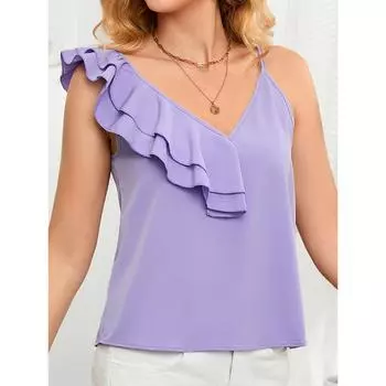 Женская майка, футболка с v-образным вырезом и рюшами, топ без рукавов.