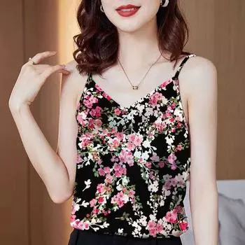 Женская майка-комбинезон с цветочным принтом, летняя, новая, с V-образным вырезом, свободная, тонкая, без рукавов, нижняя часть M розовый