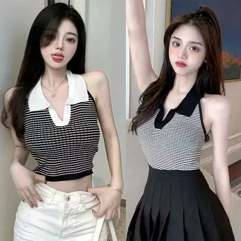 Женская майка контрастного цвета, облегающая, с открытым отворотом на пупке