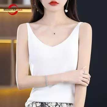 Женская майка MODERN NEW SAGA, летняя вязаная футболка без рукавов, базовые футболки, жилет, нижнее белье, вязаный топ, женский с v-образным вырезом M белый