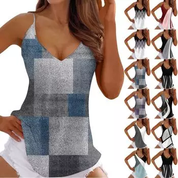 Женская майка, повседневная блузка без рукавов с принтом и v-образным вырезом на подтяжках, подходит для лета L чёрный