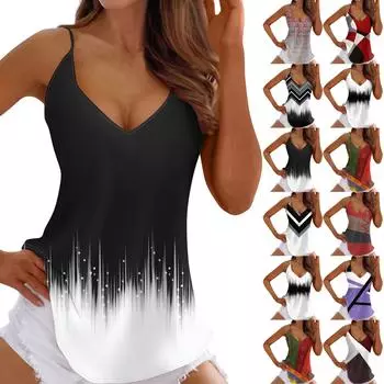 Женская майка, повседневная блузка без рукавов с принтом и v-образным вырезом на подтяжках, подходит для лета L чёрный