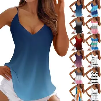 Женская майка, повседневная блузка без рукавов с принтом и v-образным вырезом на подтяжках, подходит для лета L чёрный