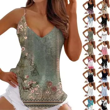 Женская майка, повседневная блузка без рукавов с принтом и v-образным вырезом на подтяжках, подходит для лета L армия зеленый