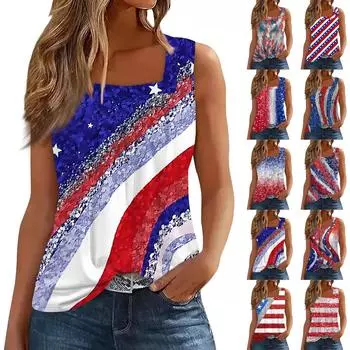 Женская майка, повседневная блузка без рукавов с принтом ко Дню независимости, модная блузка с квадратным воротником, летняя XL