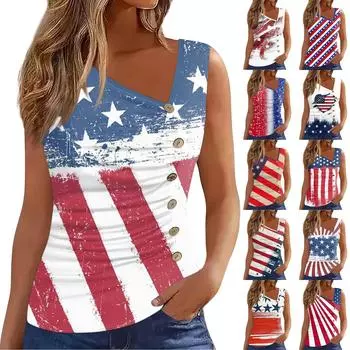 Женская майка, повседневная блузка на пуговицах с v-образным вырезом и принтом в честь Дня независимости, без рукавов, летняя блузка на пуговицах XXXL синий