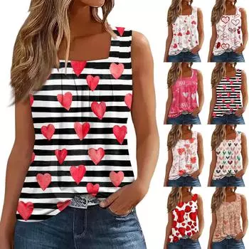Женская майка, повседневная модная блузка без рукавов с принтом и квадратным воротником, подходит для лета S