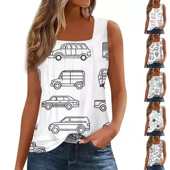 Женская майка, повседневная модная блузка без рукавов с принтом и квадратным воротником, подходит для лета XXL чёрный