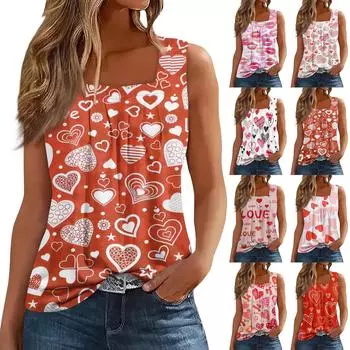 Женская майка, повседневная модная блузка без рукавов с принтом и квадратным воротником, подходит для лета XL винный