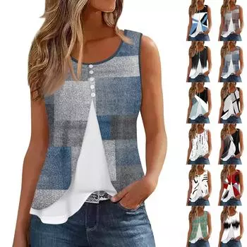 Женская майка, повседневная модная блузка без рукавов с пуговицами и круглым вырезом, подходит для лета XL красный