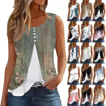 Женская майка, повседневная модная блузка без рукавов с пуговицами и круглым вырезом, подходит для лета L чёрный