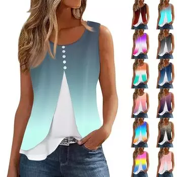 Женская майка, повседневная модная блузка без рукавов с пуговицами и круглым вырезом, подходит для лета L